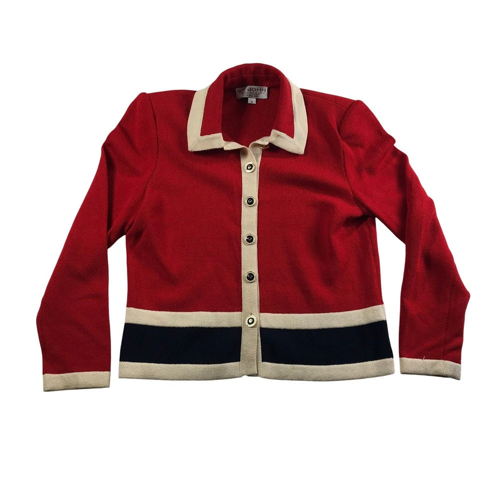 St John Collection Marie Gray Red Knit Cardigan Jacket Nautical Stripe Size 6